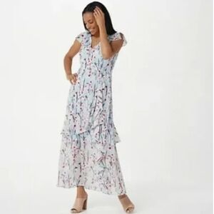 HAUTE HIPPIE Blue Sky Cherry Blossoms Ruffled Maxi Dress | XL